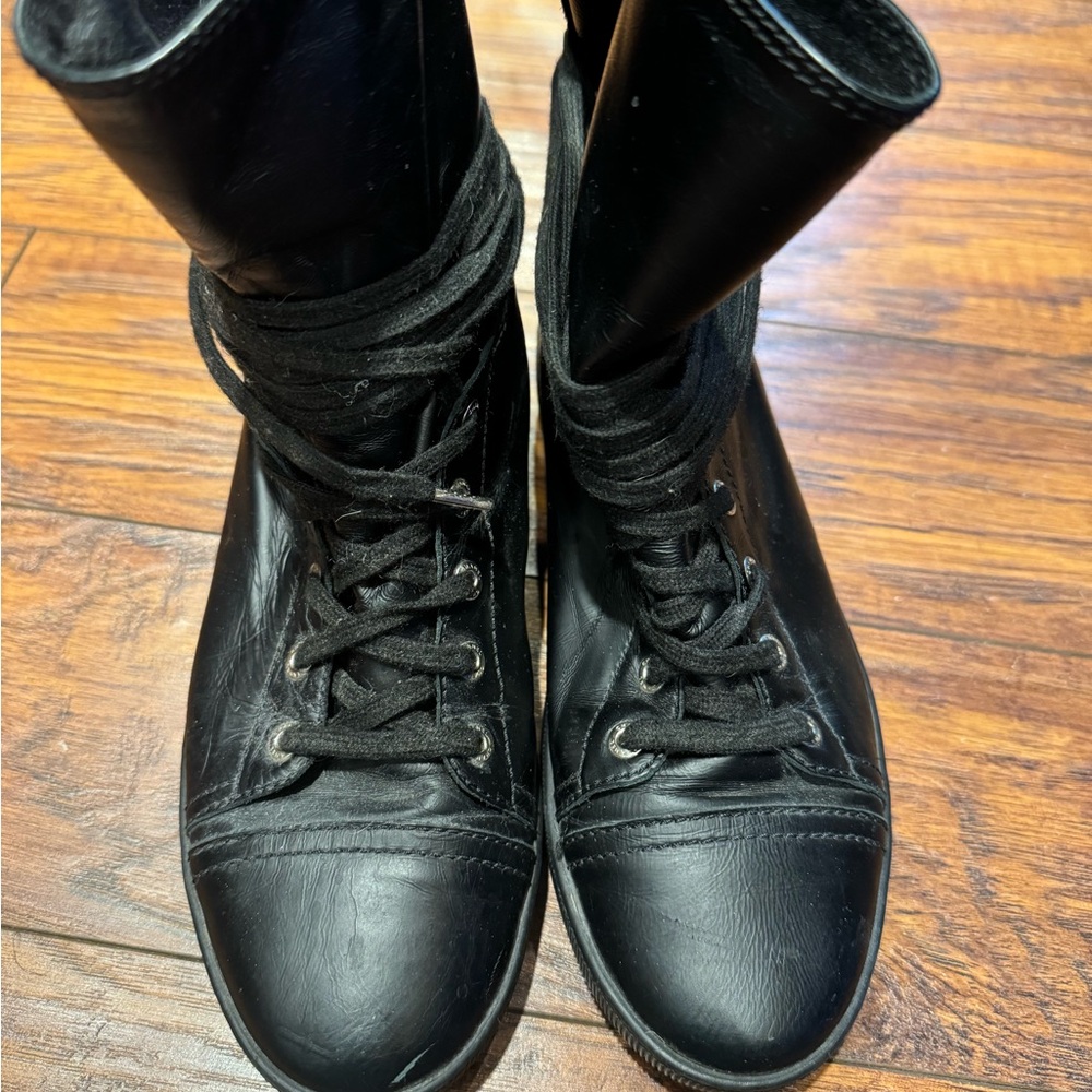 Black Combat and Moto Boots with Lace-Up Design. Chanel Boots.  CC at back.
